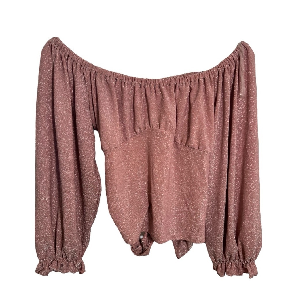 Ava James Women's Size Small Off Shoulder Blouse Sparkly Light Pink Open Back